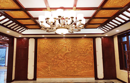 奉化中式别墅客厅中式木作横梁吊顶装饰展示
